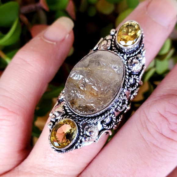 New Rough Golden Rutile and Citrine 925 Silver Statement Ring. - Picture 7 of 12